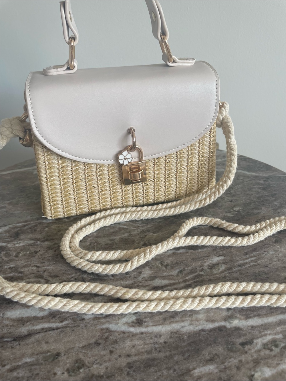 Neutral Straw Top-Handle Satchel with Pale Pink Flap - Picture 7 of 7